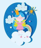 Princess with magic wand on clouds and rainbow vector