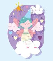 Fairy princess with magic wand on clouds with hearts vector