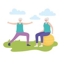 Happy Elderly Women Practicing Exercises in the Park vector