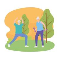 Feliz pareja de ancianos haciendo ejercicios con vista a la naturaleza vector