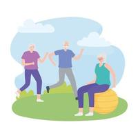 Senior Couple Running and Elderly Woman on Fitness Ball vector