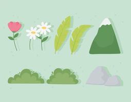 Mountain, Leaves, Flowers, Bush, Stone Icons