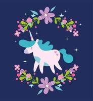 unicornio con bordes de flores sobre fondo oscuro vector