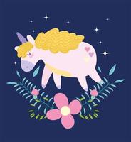 unicornio flotando sobre flores sobre fondo oscuro vector