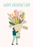 Man carrying a bouquet of flowers for Valentine's Day vector