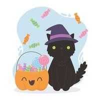 feliz halloween, gato bruja y calabaza con dulces vector