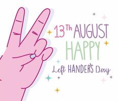 Left handers day, hand showing victory sign cartoon vector