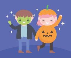 feliz halloween, niño zombie y niña calabaza vector