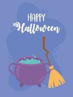 Happy Halloween spell cauldron and broom card vector