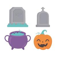 feliz halloween, caricatura, calabaza, caldero, lápidas, iconos vector