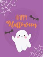 feliz halloween lindo fantasma, murciélago y cartel de telaraña vector