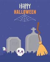 Halloween skull, broom, tombstones, spooky eye design