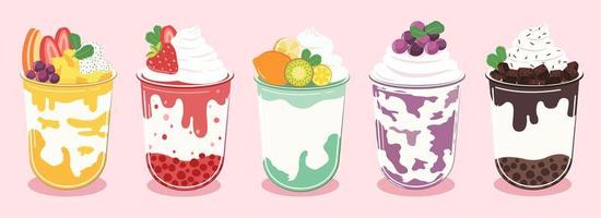 Set of flavored scented milk shakes, smoothies vector