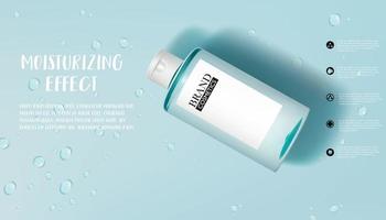 Moisture skincare product ad with water drops on cyan vector