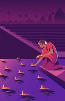 mujer sosteniendo una vela en el río para el festival deepavali vector