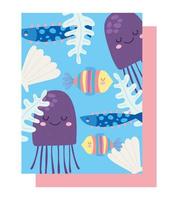 Under the sea jellyfishes, fishes, shell, algae pattern vector