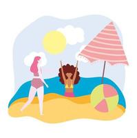 Funny girls with beach ball and umbrella vector