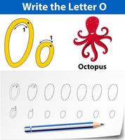 Letter O tracing alphabet worksheet with octopus  vector