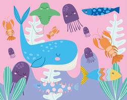 Whale jellyfishes stingray lobster marine life  scene vector