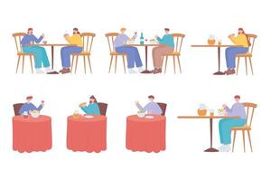 People eating on tables set vector