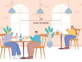 People eating, and social distancing in a restaurant vector