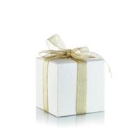 Gift box with golden ribbon bow on white background