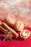Christmas still life concept with walnuts  cinnamon sticks and s photo