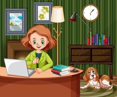 Woman working on computer at home vector