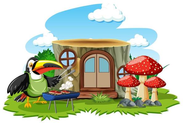 Stump house with cute bird cartoon style 