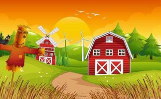 escena de la granja con granero y molino de viento. vector
