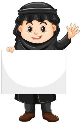 Young boy cartoon character holding blank banner