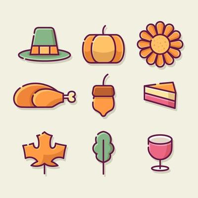 Happy Thanksgiving Day Outline Icon Set