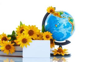 Globe with books and flowers photo