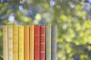 row of books on blurred nature background, free copy space