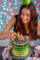 Girl with happy birthday cake photo