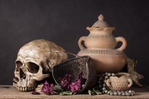 skull with dry rose in basket photo