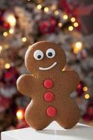 Gingerbread man close up christmas tree in background