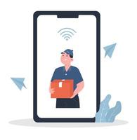 Male courier with box in smartphone vector