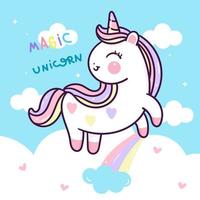 lindo unicornio en nubes con arcoiris vector