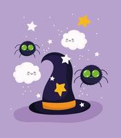 feliz halloween, sombrero de bruja, arañas y nubes vector