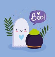 Happy halloween, cute ghost with cauldron  vector