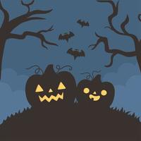 Happy halloween, pumpkins, flying bats, and trees vector