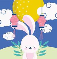 Mid-autumn festival with bunny, lanterns, and moon  vector