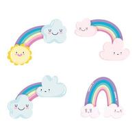 Cute rainbows with clouds icon set vector