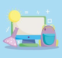 Back to school, computer, backpack and test tube  vector