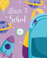 Back to school, backpack, alarm clock, and rocket vector