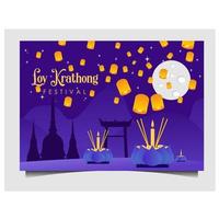 Loy Krathong festival design with lanterns on purple vector