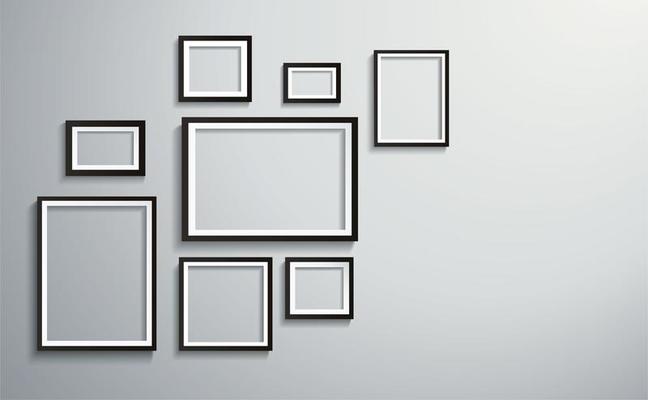 Black border different sized picture frames on wall