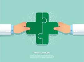 Hands putting medical puzzle pieces together vector