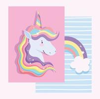 Greeting card with colorful magic unicorn and rainbow vector